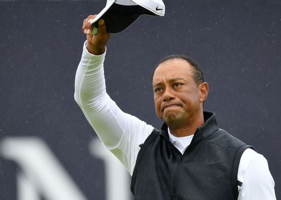 Tiger Woods of the United States reacts on the 18th during the second round of the 148th Open Championship held on the Dunluce Links at Royal Portrush Golf Club on July 19, 2019, in Portrush, United Kingdom.