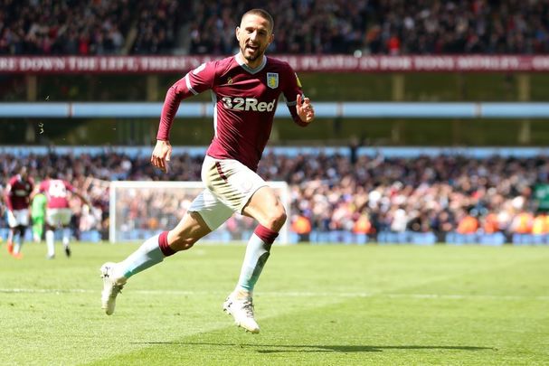 Conor Hourihane of Aston Villa celebrates after scoring his team\'s first goal during the Sky Bet Championship Play-off semi-final first leg match between Aston Villa and West Bromwich Albion at Villa Park on May 11, 2019, in Birmingham, England.