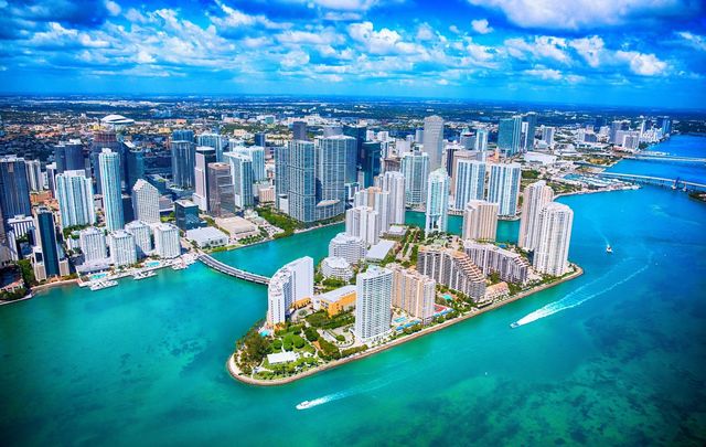 Miami Florida\'s downtown district shot from an altitude of about 1000 feet over the Biscayne Bay during a helicopter photo flight.
