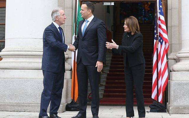 Char of the Means and Way Committee Richie Neal, Taoiseach (Prime Minister) Leo Varadkar and House Speaker Nancy Pelosi photographed outside the Taoiseach\'s offices, in Dubin, in June 2019.