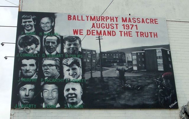 A mural dedicated to the 11 people killed by British soldiers in the Ballymurphy Massacre, including Joan Connolly.