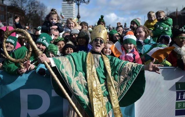 An actor playing the part of Saint Patrick leads the annual Saint Patrick\'s Day parade on March 17, 2019, in Dublin, Ireland.