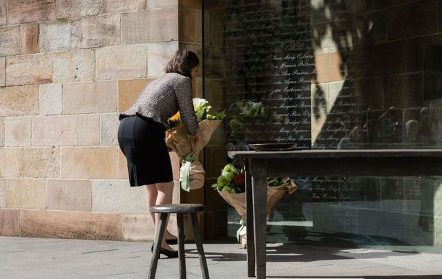 New South Wales Premier Gladys Berejiklian lays flowers at The Australian Monument to the Great Irish Famine on October 18, 2017, in Sydney, Australia. 