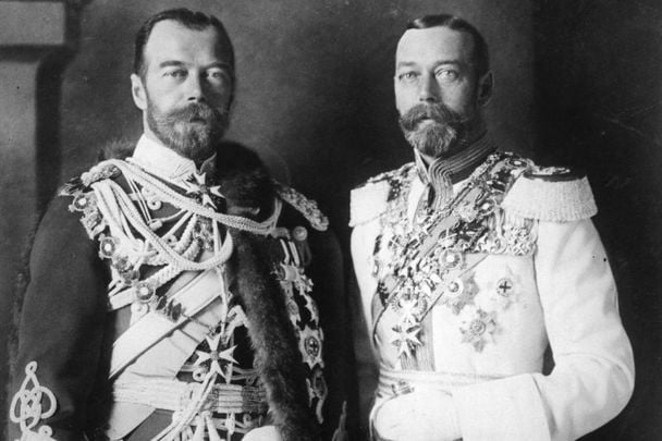 Tsar Nicholas II of Russia (1868 - 1918) with King George V of England (1865 - 1936), both in full military regalia. 