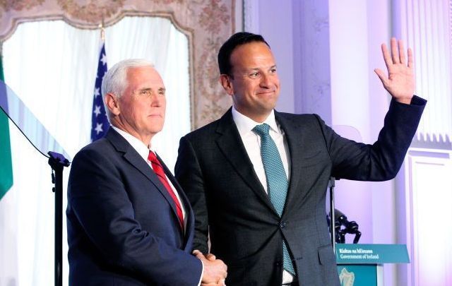 US Vice President Mike Pence and Taoiseach Leo Varadkar hold a press conference at Farmleigh House on September 3, 2019, in Dublin, Ireland. The Vice President is on an official two-day visit to Ireland and is staying at President Trump\'s golf course resort Doonbeg in County Clare.