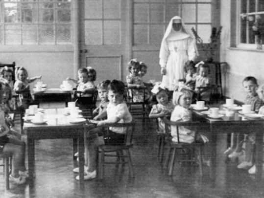 Children\'s dining room at Sean Ross Abbey. Home for unmarried mothers and their babies held dark secrets.