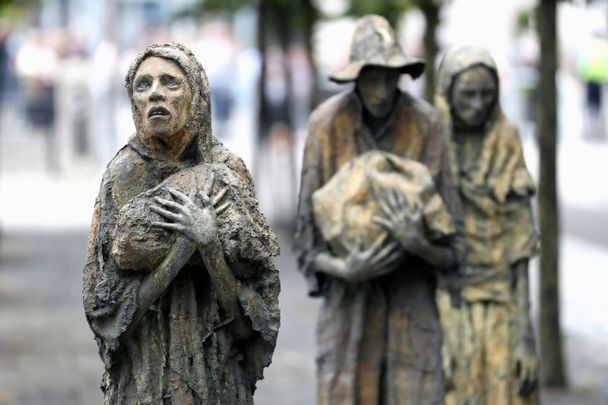 Memorial sculptures to the Great Hunger, on the quays in Dublin\'s financial district. At the peak of Ireland’s horror, The New England Relief Committee sent the a ship laden down with supplies to Cork