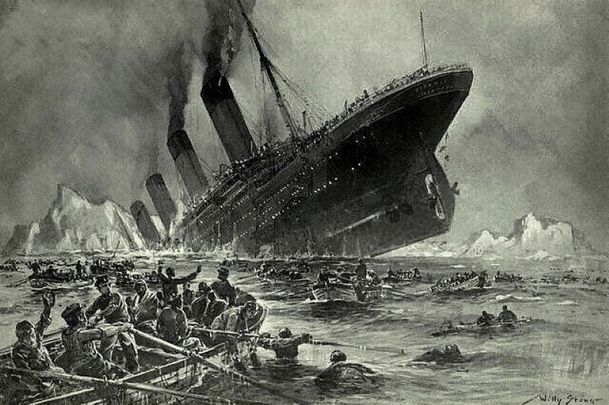 An illustration of the Titanic sinking by artist Willy Stöwer.