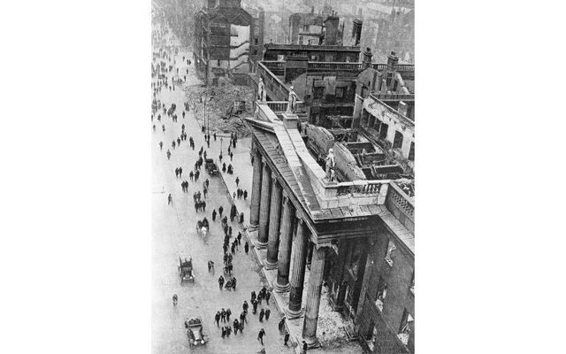 An aerial shot of the General Post Office in Dublin following the Easter Rising.