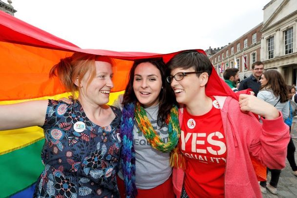 People celebrate the Yes Result in the Marriage Equality Referendum in Dublin Castle Courtyard on May 23, 2015.