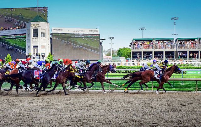 Horses in full gallop at the Kentucky Derby.