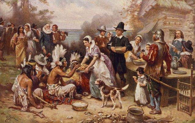 A painting by JLG Ferris, "The First Thanksgiving": A band of starving pilgrims at Plymouth Rock were saved at the last minute by the arrival of a ship from Dublin.