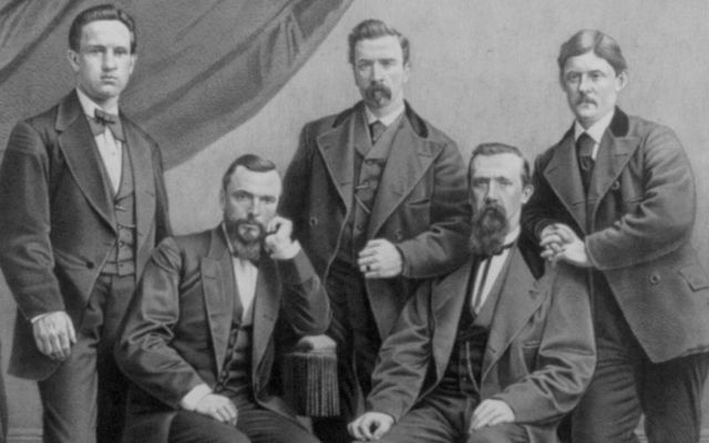 John Devoy (far left), standing, Charles Underwood O\'Connell, (second from left) seated, Harry Mulleda (center), standing, Jeremiah O\'Donovan Rossa, (second from right) seated, and John McClure (far right) standing, the five Irish Fenian prisoners who under general amnesty were released by the British to America on Jan. 5 1871, and were shipped together aboard the Cuba. 