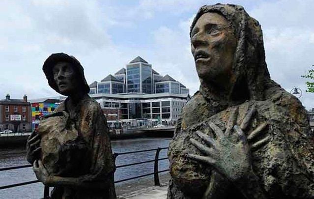 A close up of the Famine memorial statues, by Rowan Gillespie, along the River Liffey. 