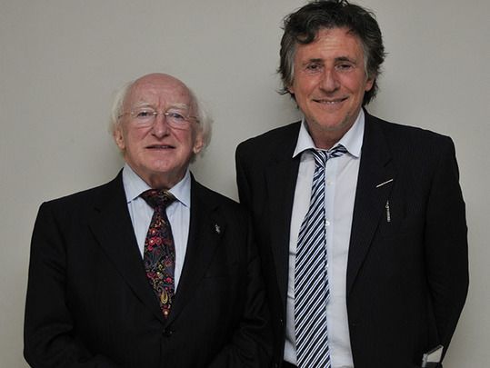 Ireland\'s President Michael D Higgins photographed with Presidential Distinguished Service Award recipient Gabriel Byrne.