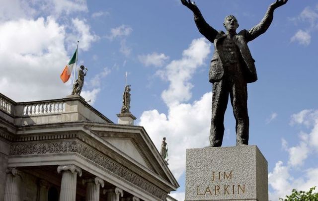 Irish labor activist Jim Larkin is memorialized with a statue on Dublin\'s O\'Connell Street