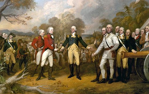 The surrender of General Burgoyne to George Washington in Saratoga.