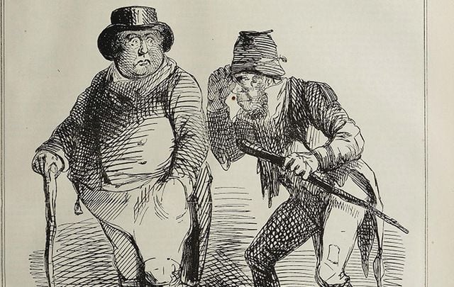 A Punch cartoon: An Irish beggar approaches John Bull: “Spare a thrifle, yer Honour, for a poor Irish lad to buy a bit of…a Blunderbuss with.”