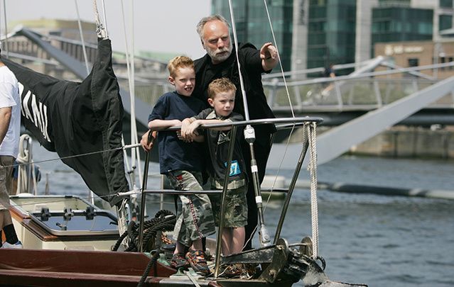 Former hostage Brian Keenan with his sons Jack and Cal on bord the Faramir at Dublin Docks at the launch of the SPIRASI`s 2006 Tall Ship Challenge Against Tortue.