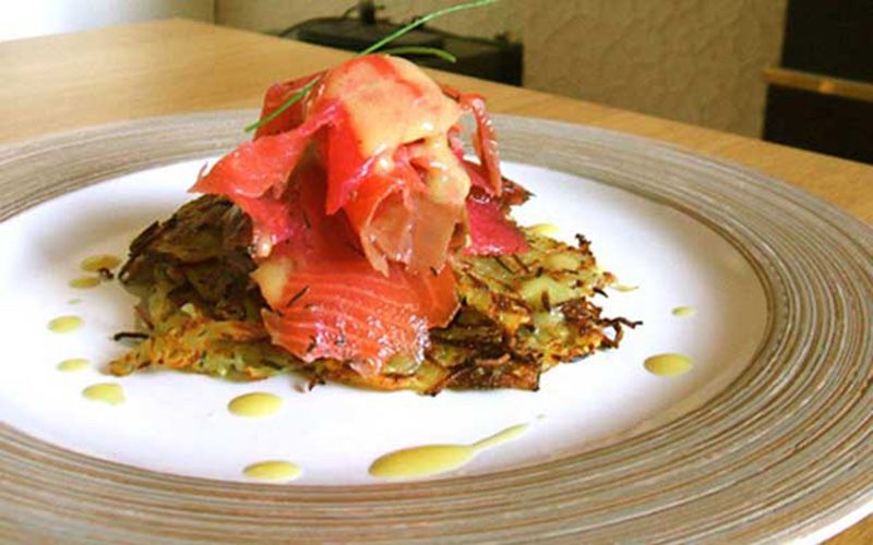 Irish smoked salmon over potato boxty pancakes recipe