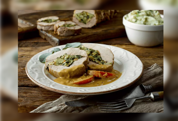 Stuffed pork steak with apple and cider sauce.