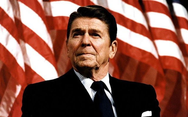 Former U.S. President Ronald Reagan speaks at a rally for Senator Durenberger February 8, 1982