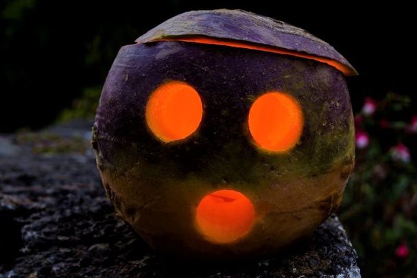 Spooky! A jack-o-lantern made from a turnip.