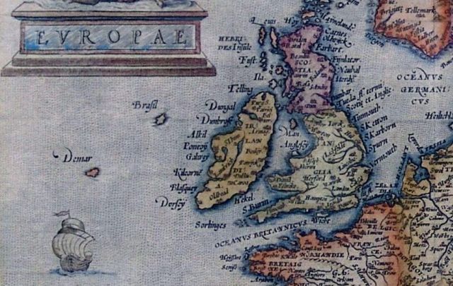 A 1570 map from Abraham Ortelius that shows Brasil to the west of Ireland.