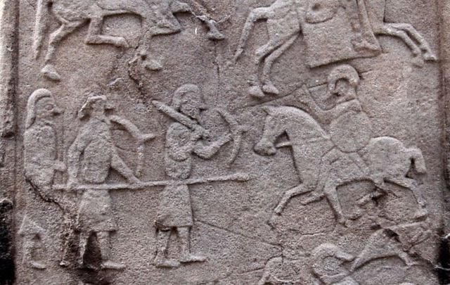 The Pictish stone in the churchyard at Aberlemno Parish Church (the stone is sometimes known as Aberlemno II). The battle scene depicted is generally accepted to be that of the Battle of Nechtansmere.