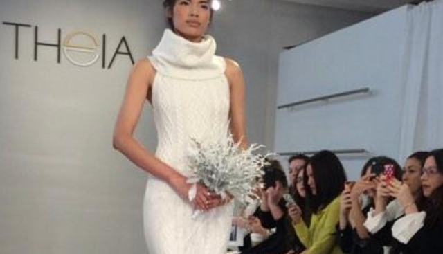The “Erin” wedding dress from Don O’Neill’s Fall 2015 bridal collection for Theia is a cozy and glamorous spin on the Aran jumper.