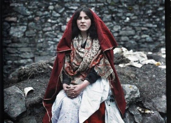 A 14-year-old girl wearing a traditonal cape, at the Claddagh, Galway, in 1913.