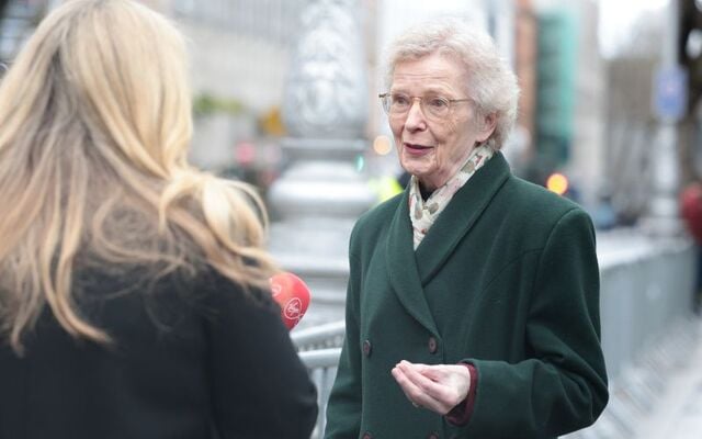 Mary Robinson photographed in 2024 speaking to the press at Charlie Bird\'s funeral.