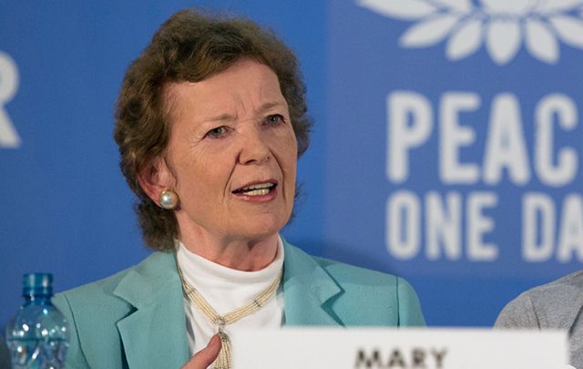 Mary Robinson in a live broadcasted press conference to announce the annual Peace One Day concert to be held in Goma on September 21, 2014.