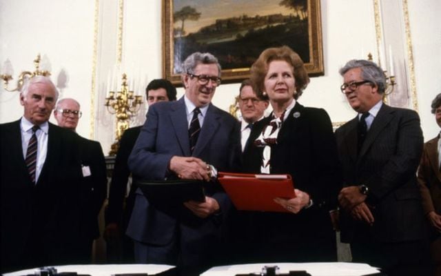 Taoiseach Garret Fitzgerald and British Prime Minister Margaret Thatcher after the signing of the Anglo-Irish Agreement in 1985. 