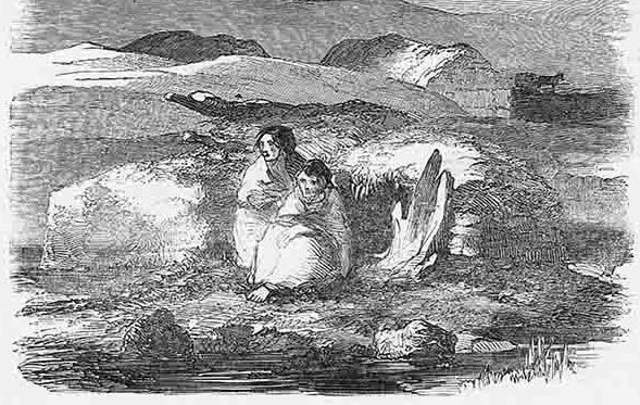An illustration of a desperate mother and child during Ireland\'s Great Hunger.