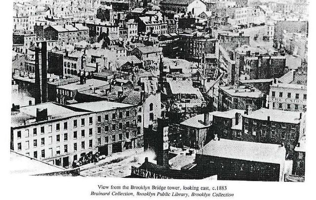 View from the tower of the Brooklyn Bridge to Brooklyn (Vinegar Hill), circa 1883.