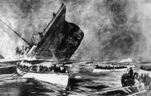 An artist\'s 1912 rendering of the Titanic disaster