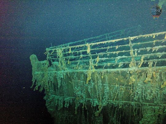 A photo of the bow of the White Star Liner, RMS Titanic at the bottom of the Atlantic Ocean.