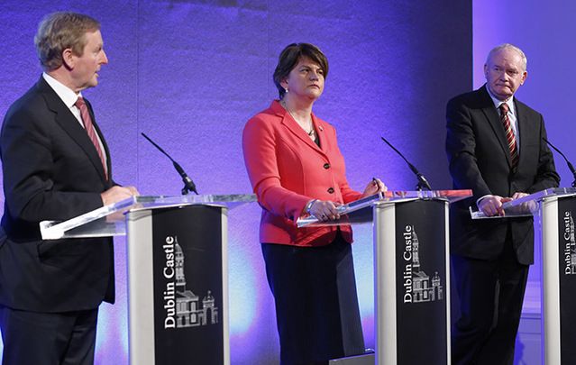 Taoiseach and Fine Gael leader Enda Kenny with Leader of the Democratic Unionist Party and Northern Ireland First Minister Arlene Foster and Sinn Fein Deputy First Minister of Northern Ireland Martin