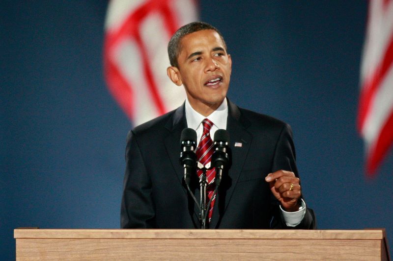 Barack Obama delivering his presidential victory speech in November (Getty Images)