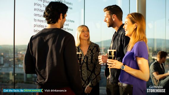 Enjoy the Gravity Bar, over looking Dublin city, at the top of the Guinness Storehouse.