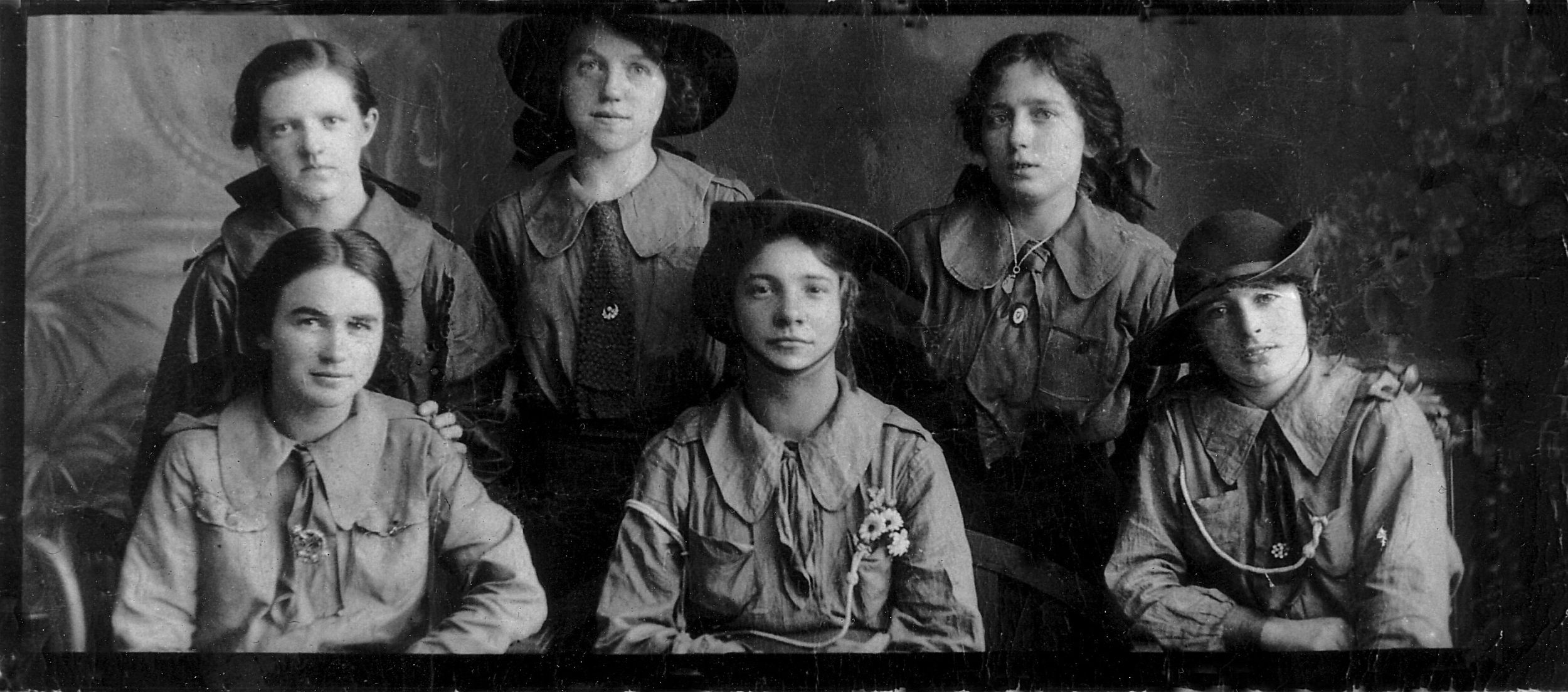 Lily (Kempson) McAlerney the day she took her oath to the Irish Republic. The back of the original print is stamped with the date 22 Aug. 1914, Belfast. Others in the picture are Marie McKeown, Aideen Ward, Kitty Shells, Ina Connolly and Alice Kavanagh. Ina Connolly is a daughter of James Connolly. (Lily lived with their family in Belfast.)
