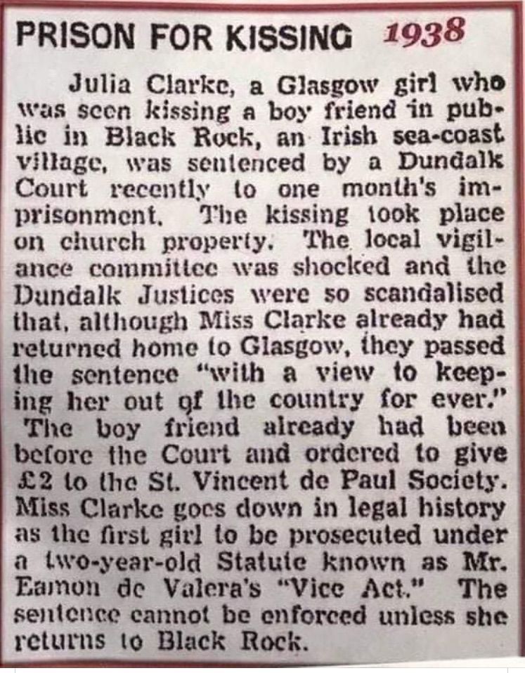 Prison for Kissing - newspaper clipping.