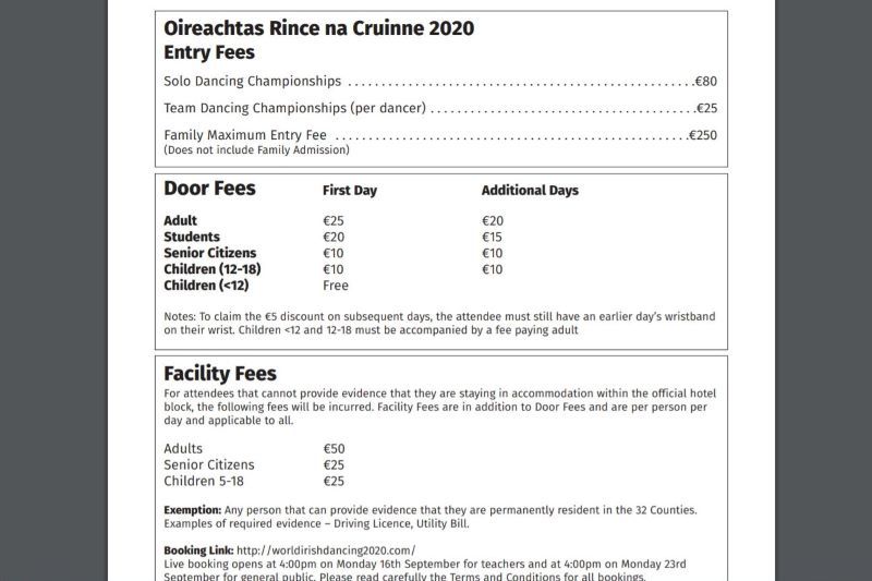 The entry and facility fees, as dictated by CLRG's 2020 syllabus (CLRG.ie)