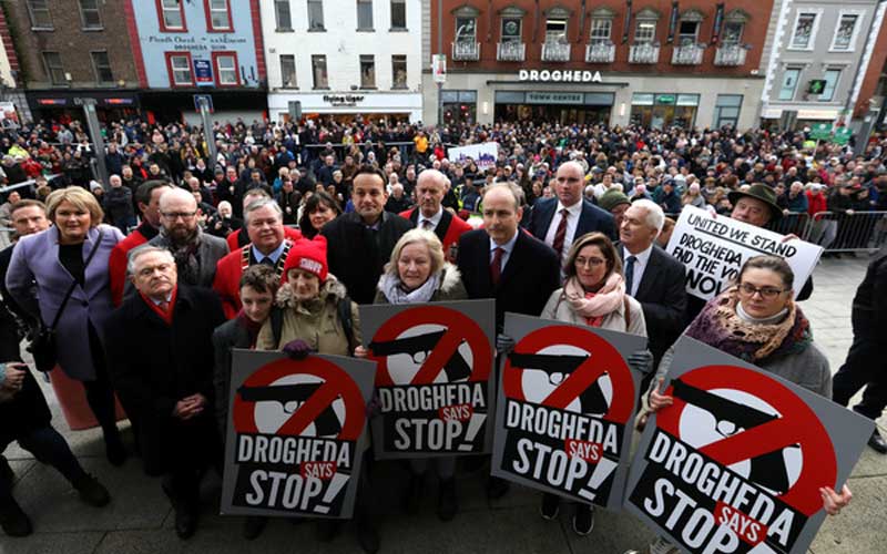 A protest against violence was held in Drogheda by locals after the recent feud related killing and dismemberment of a 17-year old by a drugs gang. Credit: RollingNews.ie