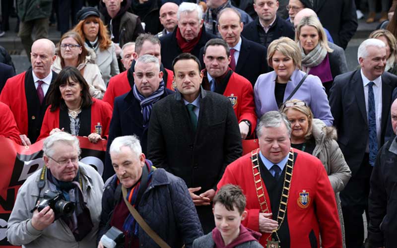 Lord Mayor of Drogheda Paul Bell, Fianna Fail leader Micheal Martin, Taoiseach and Fine Gael leader Leo Varadkar, and Fergus O Dowd at the protest against violence in Drogheda. Credit: RollingNews.ie