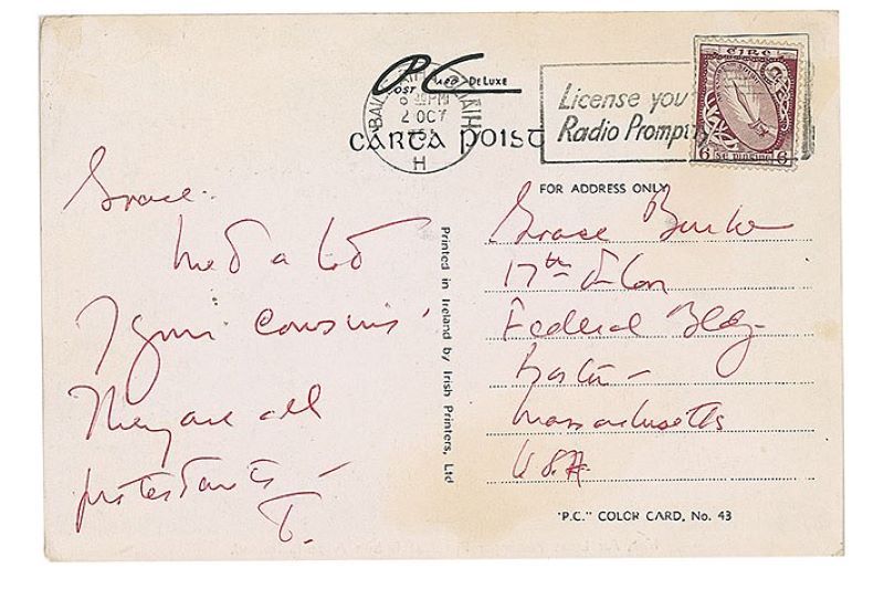 Kennedy's postcard to Grace Burke from Ireland (The Paloger Collection / RR Auction)