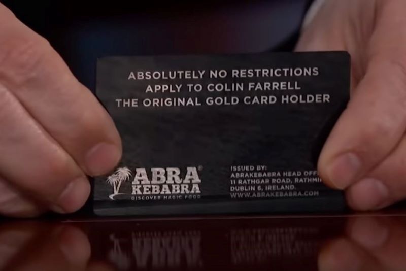 Jimmy Kimmel displays Colin Farrell's Abrakebabra black card (Jimmy Kimmel Live, YouTube)