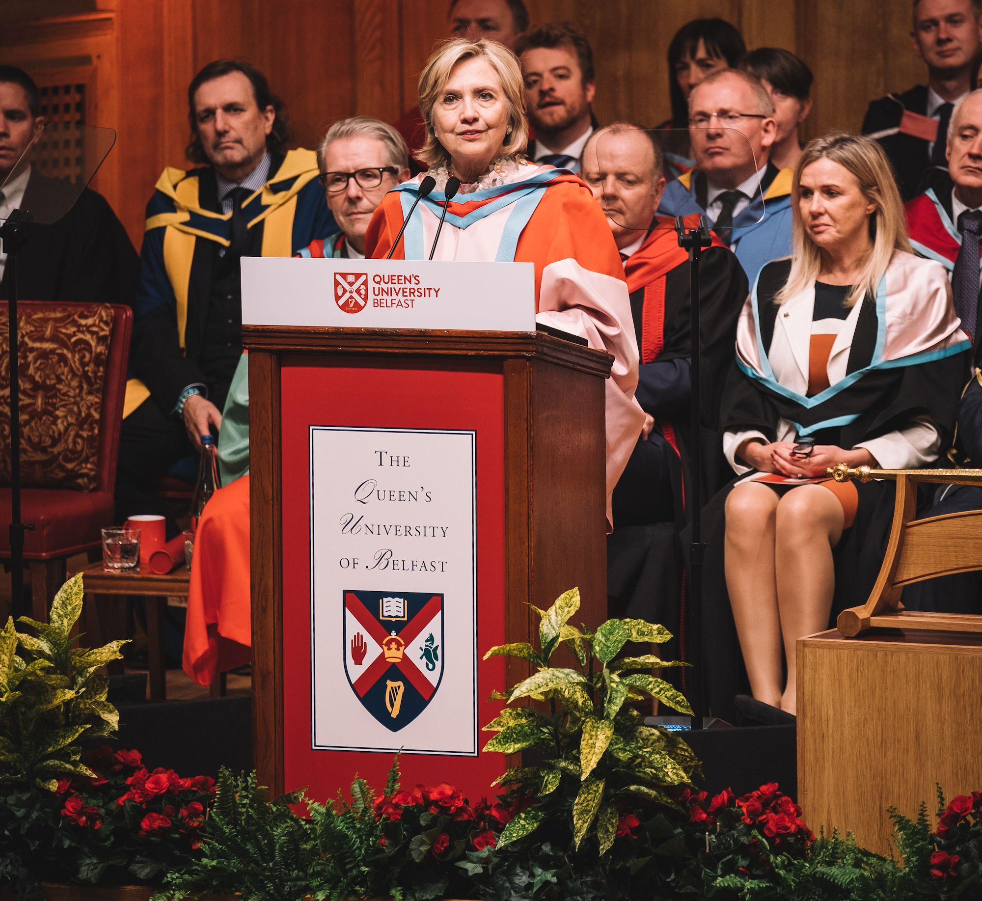 Hillary Rodham Clinton speaking at Queen's University Belfast.
