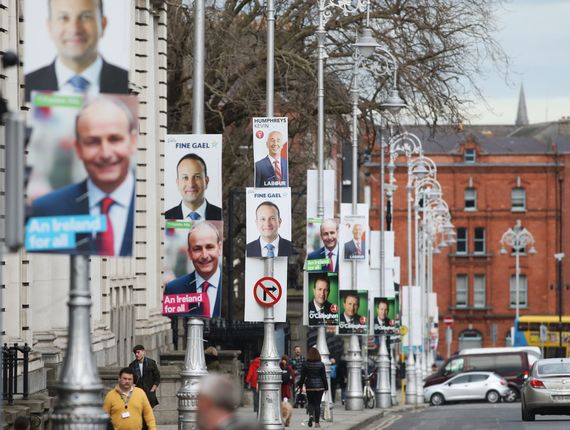 General election campaign posters along Merrion Square, in Dublin's city center.